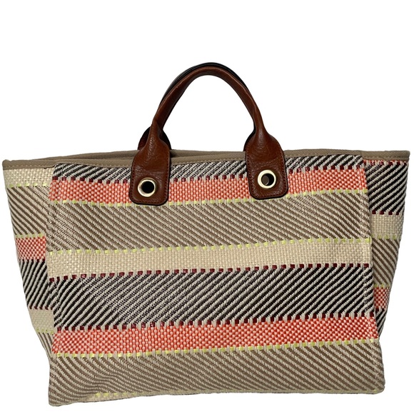 Jen & Co. Handbags - Jen & Co Woven Patterned Cotton Peach Cream Grey Striped Tote Bag Lined Interior